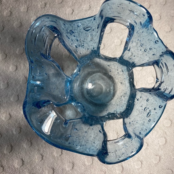 Vintage Blue Hand Blown Stretch Bubble Candle Art Glass Design Holder - Picture 4 of 11